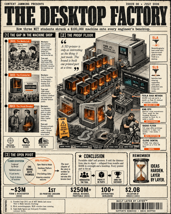 Three-panel editorial infographic showing Formlabs' Media Lab and Kickstarter origin timeline, a busy proof floor of printers and customer applications, and the company's pivot from a closed ecosystem to an open platform.